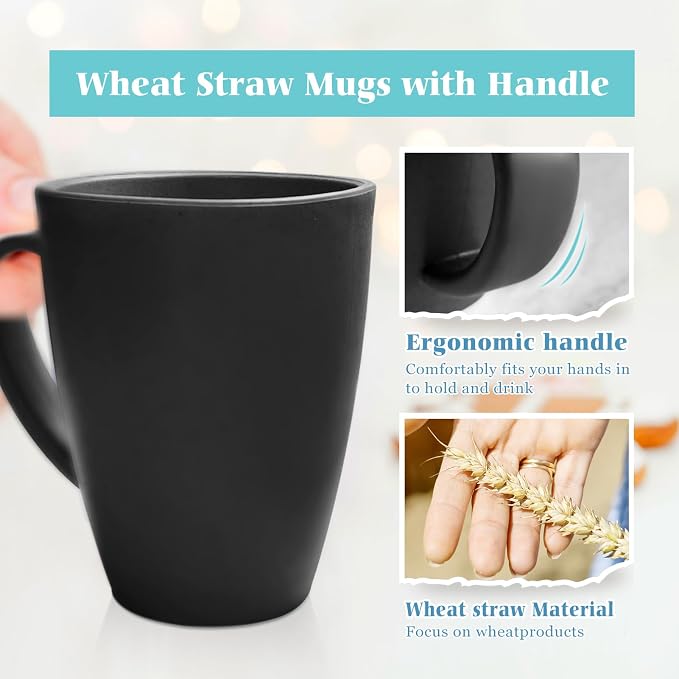 Teivio 12 Pack Wheat Straw Cups with Handle,Plastic 13.5 oz Squircle Mugs, Reusable Unbreakable Drinking Water Tumblers for Adults, Kids, Coffee, Camping,RV, Dishwasher Safe, Black - Image 5