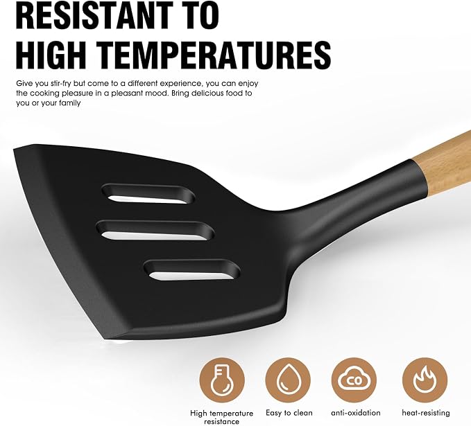 oannao Silicone Cooking Utensils Set Utensil Sets - 446°F Heat Resistant Silicone Kitchen Utensils Set Wooden Handles, Silicone Utensils for Cooking w Holder for Non-Stick Cookware BPA FREE (Black) - Image 5