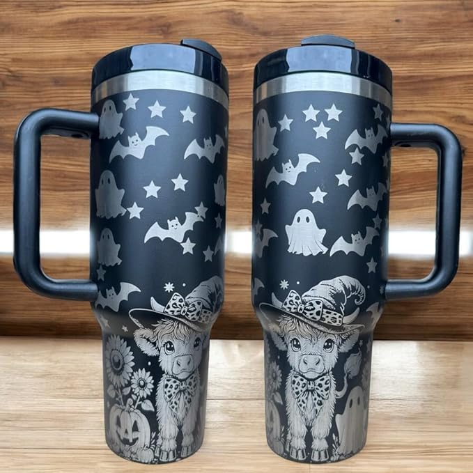 Tumbler, 40oz Tumbler, Western Tumbler, Engraved Cup with Handle, Cute Coffee Mug, 40oz Coffee Mug (Black-Halloween cow)