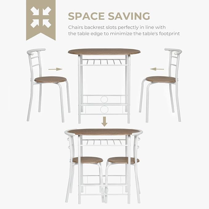 VINGLI 3 Piece Dining Set,Small Kitchen Table Set for 2,Breakfast Table Set,Kitchen Wooden Table and 2 Chairs for Small Space/Dining Room/Apartment,Metal Frame,Wine Rack,White&Warm Oak - Image 6