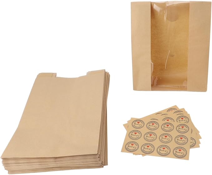 Yosoo 50PCS Bread Bags with Transparent Window Kraft Paper Baked Food Packaging Storage Bags for Homemade Bread Pastry Snacks with 60PCS Sealable Labels (Yellow) - Image 6