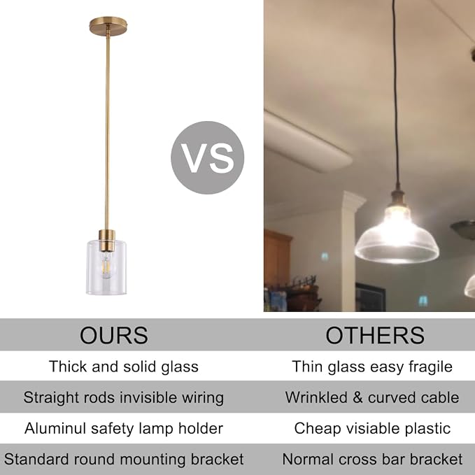 Brass Pendant Lights Kitchen Island,Modern Farmhouse Clear Glass Pendant Light,Gold Light Fixture Kitchen Pendant Mini Hanging Light Fixture for Sink (Brass 2 Pack stem Rod) - Image 3