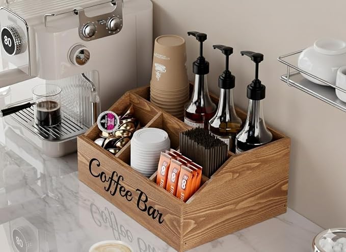 2 Pack Coffee Station Organizer for Countertop – Wooden Coffee Bar Organizer with Adjustable Dividers,Holds K Cup Pod & syrup bottles, for Kitchen, Office, or Bar and Tea Station, Brown - Image 2
