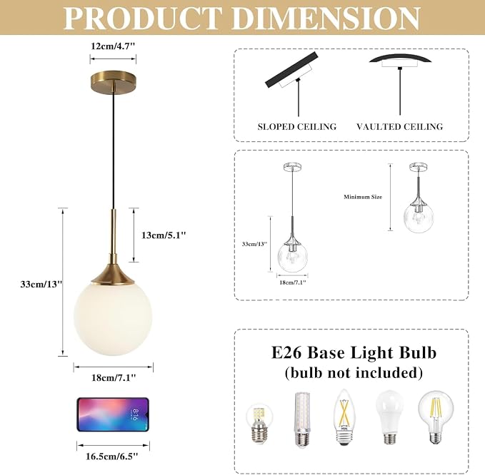 KCO Lighting 7” Small Milk Glass Pendant Light Gold Globe Kitchen Pendant Lights Vintage White Glass Hanging Light Fixture Mid Century Modern Dining Room Ceiling Light Fixture (2 Pack) - Image 2