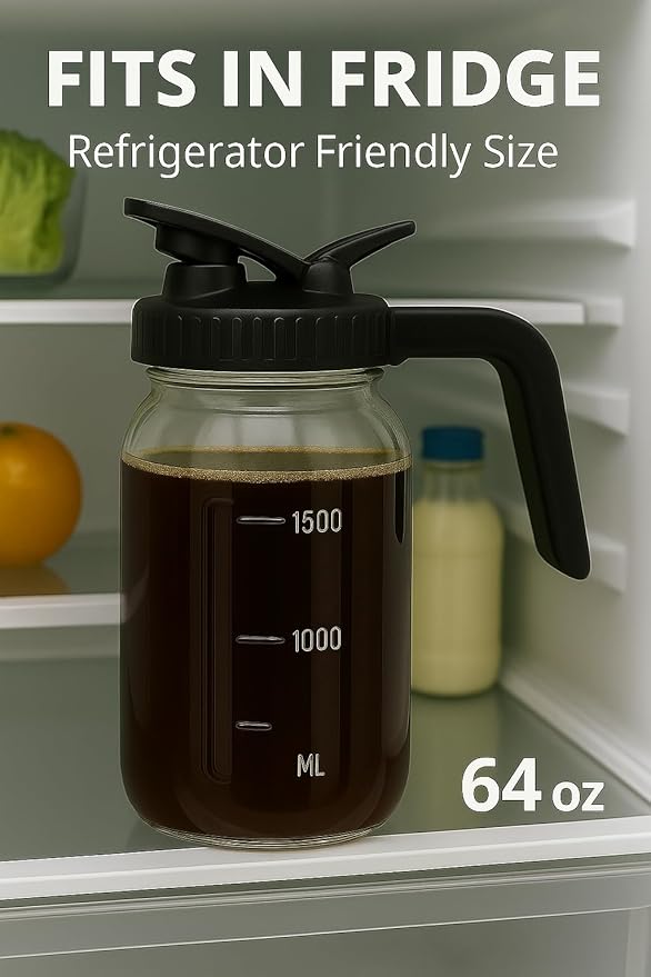 JBHO Cold Brew Coffee Maker 64OZ Marson Jars Wide Mouth Glass Picther Spout Lid with Stainless Steel Filter,Leakproof Maker for Iced Tea,Espresso,Lemonade-Black