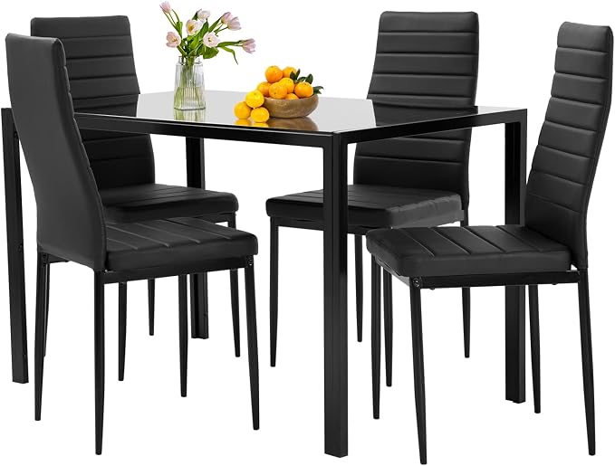 FDW | 5-Piece Dining Table Set | Black | Glass Kitchen Table | With 4 Upholstered Chairs and Faux Leather Cushions | Space-Saving and Modern Design | Easy to Assemble | for Dining Room by FDW