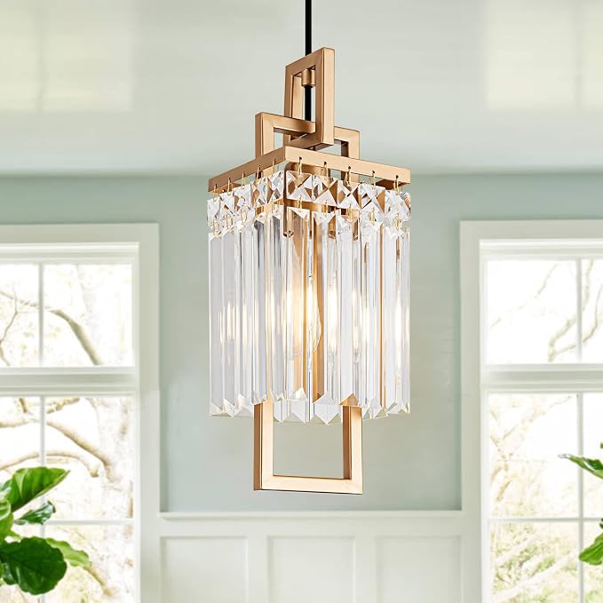 Modern Gold Pendant Light Fixtures for Kitchen Island and Dining Room, Industrial Small Hanging Crystal Chandelier Light Fixture for Bedroom Entryway Living Room Foyer Hallway 1-Pack - Image 7