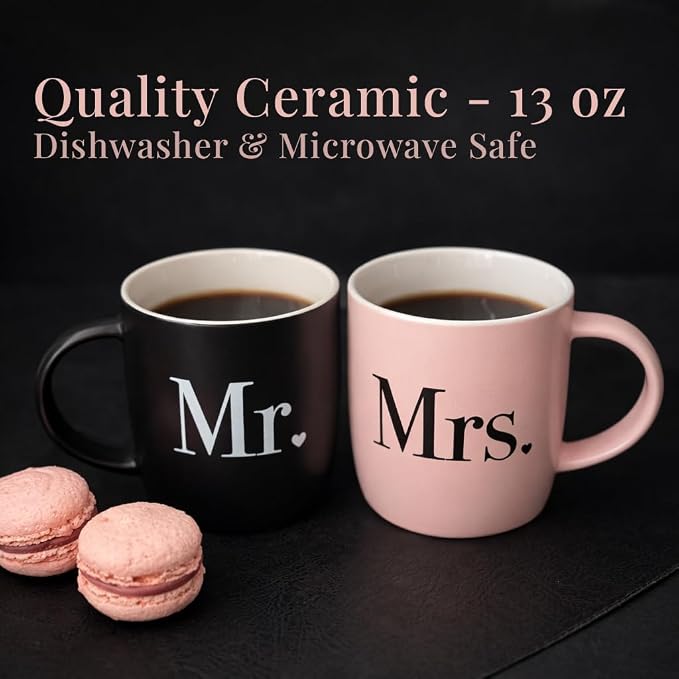 Triple Gifffted Mr and Mrs Coffee Mugs Couples Gifts Ideas for Wedding Anniversary Engagement Valentines Christmas His Hers Present Husband Wife Him Her Men Women, Bride Groom Newlyweds, Ceramic 13Oz - Image 4