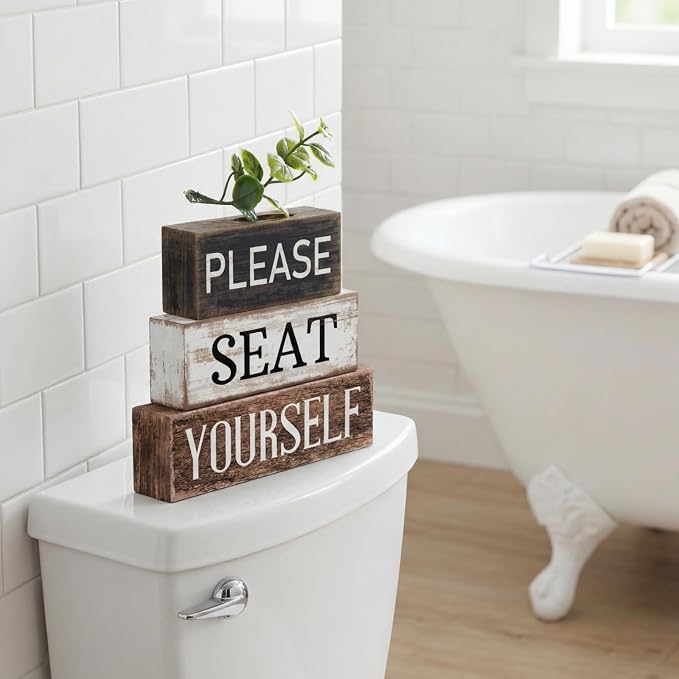 Moucuny 4 Pcs Bathroom Shelf Decor Farmhouse Bathroom Decor and Accessories Please Seat Yourself Sign Rustic Eucalyptus Leaves Wood Block Sign Gift Home Table Centerpiece for Home Office - Image 9