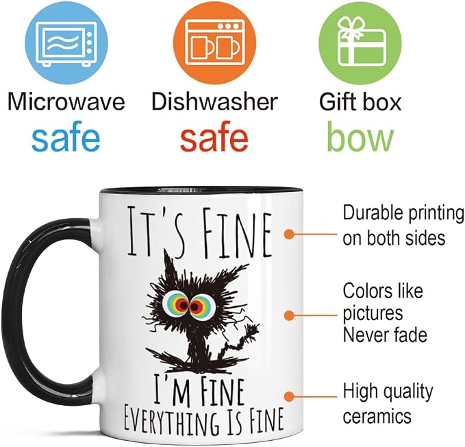 FALJIOK I'm Fine Everything is Fine Coffee Mug 11oz Funny Sarcastic Cat Mug Gifts for Cats Lover Novelty Coffee Mug Gifts for Cat Lover Women Mother's Day Gift for Cats Mom - Image 3