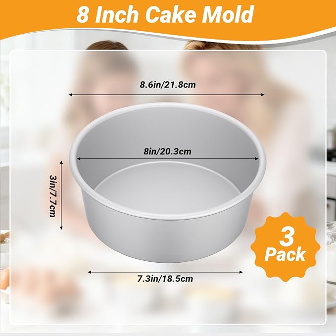 Beasea 8 Inch Cake Pans Set of 3, Aluminum Alloy Round Chiffon Cake Pans for Birthday Party Wedding, Metal Cakes Tin Mold for Baking - Fixed Bottom - Image 2