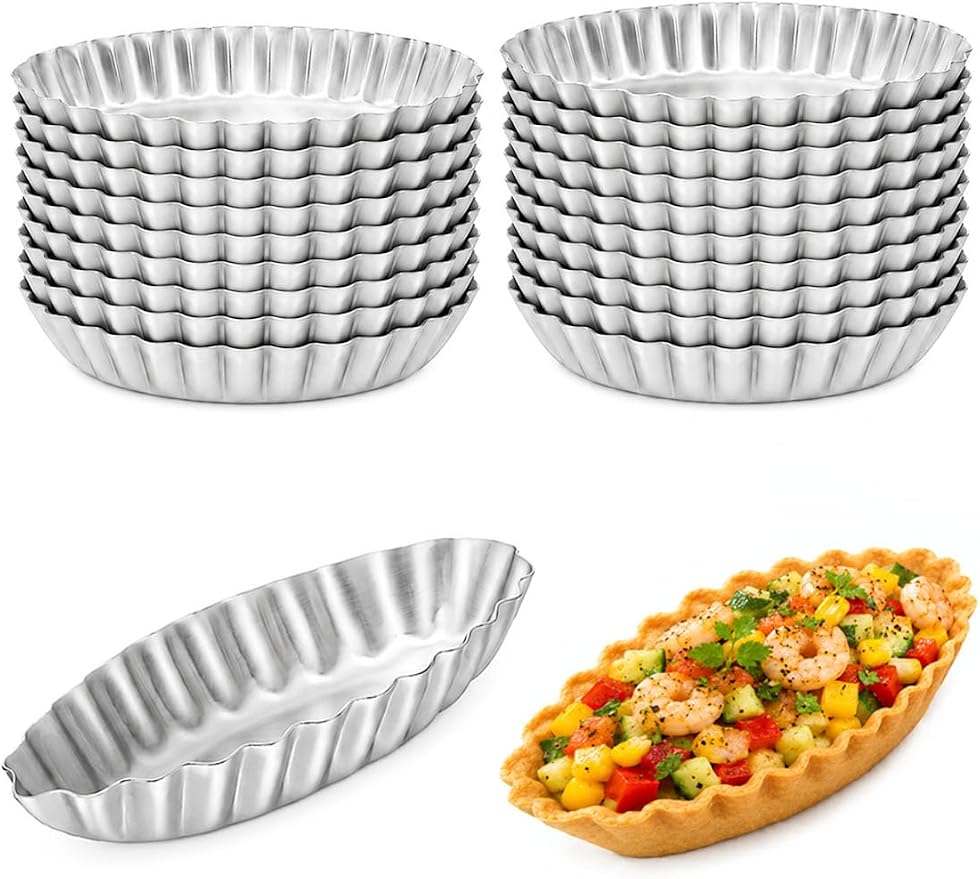 20Pcs Boat Egg Tart Molds for Baking, Fluted Aluminum Tart Pans, M | Non-Stick Barquette Tartlet Pie Shell Pans Tins Reusable Mini Quiche Pie Tray Cookie Molds Frech Dessert by ISKYBOB