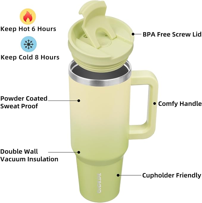 BJPKPK 40 oz Insulated Tumbler with Handle & Straw, Stainless Steel | Double Wall Vacuum Insulation, Leak Proof, BPA Free, Dishwasher Safe, Cupholder Friendly, Travel & Outdoor, Lime - Image 2