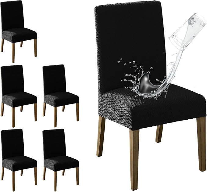 MOSAYT 100% Waterproof Dining Room Chair Covers Set of 6, Super Fit Stretch Jacquard Parson Chairs Slipcovers Removable Washable Chair Seat Protectors for Home, Kitchen, Banquet (Black) by MOSAYT