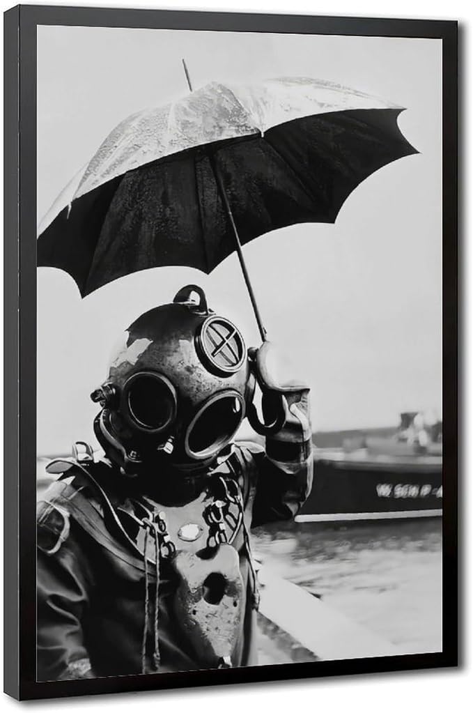 UXCBIA Deep Sea Diver Holding Umbrella, 1940s Paris, Black And White Vintage Photo, Lake House Poster Canvas Poster Bedroom Decor Sports Landscape Office Room Decor Gift Black Frame 24x36in(60x90cm) by Unknown