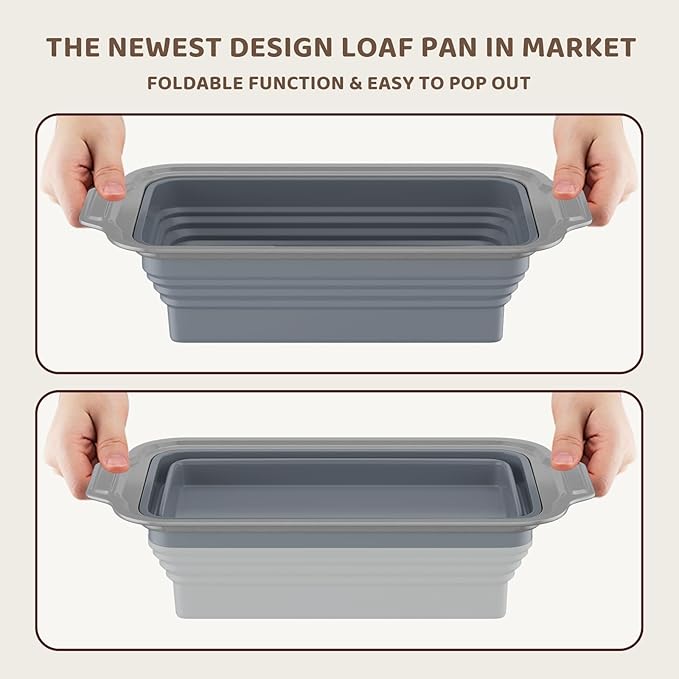 2 Pack Silicone Bread Loaf Pan With Metal Reinforced Frame, Non-Stick Baking Pans, Foldable Mold for Homemade Bread (9"x5"x2.5", Grey, 2 Pieces)