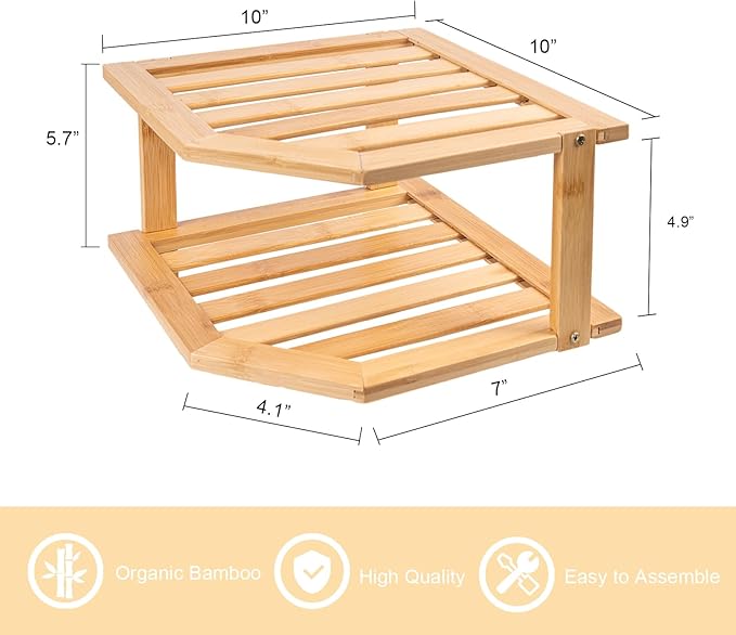 VERTORGAN 2 Tier Bamboo Corner Shelf 3 Pack Plate Organizer Kitchen | Pantry Storage,Dish Rack,Spice Rack,Corner Organizer,Kitchen Counter Shelves,Kitchen Storage,Holds Plates - Image 3