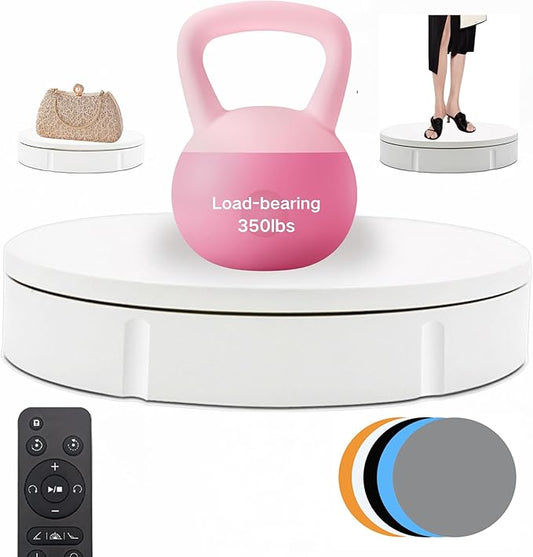 JAYEGT Motorized Rotating Display Stand, 350Lbs Load，360 Degree Electric Rotating Turntable for Photography Products Display，Live Show,Remote Control +5 Colors Backgrounds (White/11.8inch / Wired)