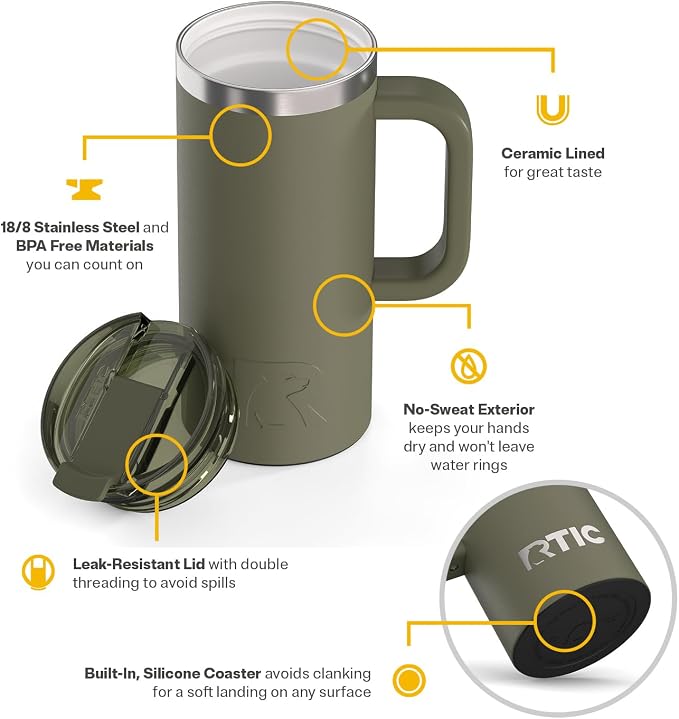 RTIC 16oz Road Trip Travel Mug with Lid and Handle, Ceramic Lined, Olive | Stainless Steel Metal, Insulated Travel Cup for Hot and Cold Drinks, Coffee, Car, Camping and Travel - Image 3