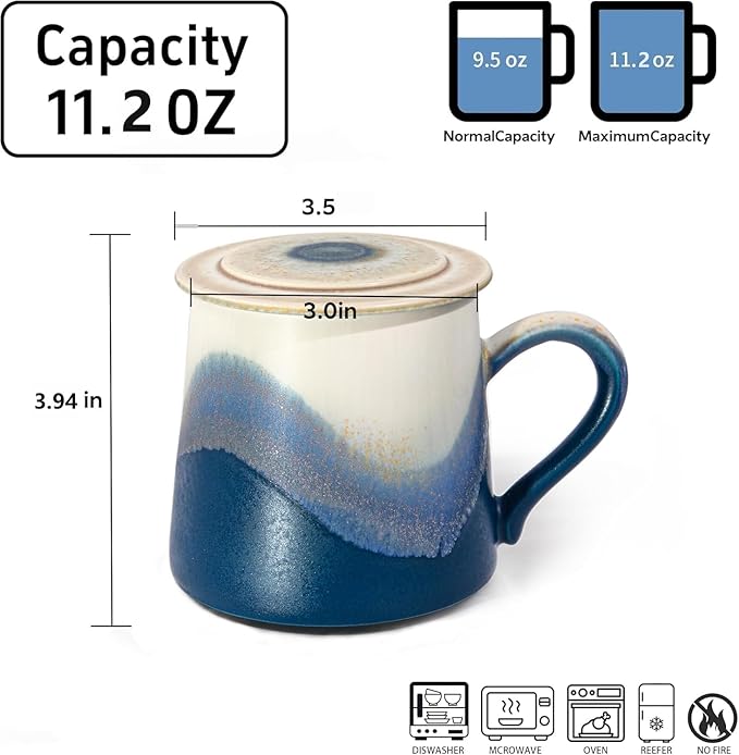 Handmade Ceramic Coffee Mugs, 11.2 OZ Colored Glaze Coffee Cups with Lids, Thanksgiving Gift, Birthday Gift Women, Mom, Dad, Friend, Sister, Brother, Dishwasher and Microwave Cups