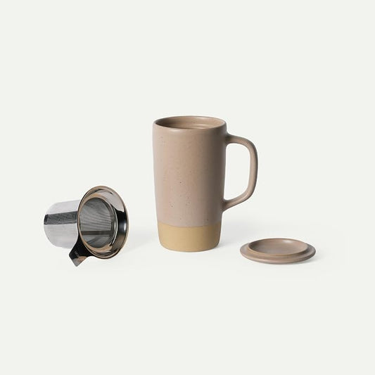 MORA Ceramics Large Tea Mug with Loose Leaf Infuser and Ceramic Lid, 18 oz, Portable, Microwave, Dishwasher Safe, Tall Coffee Cup - Rustic Matte Ceramic Glaze, Modern Herbal Tea Strainer, Mushroom by MORA