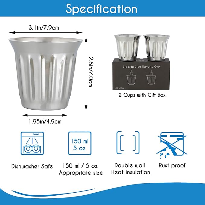 Easyworkz Stainless Steel Espresso Cup 2pcs Set Double Wall Insulated Metal Demitasse Cups (Chrome, 5 oz/Striped)