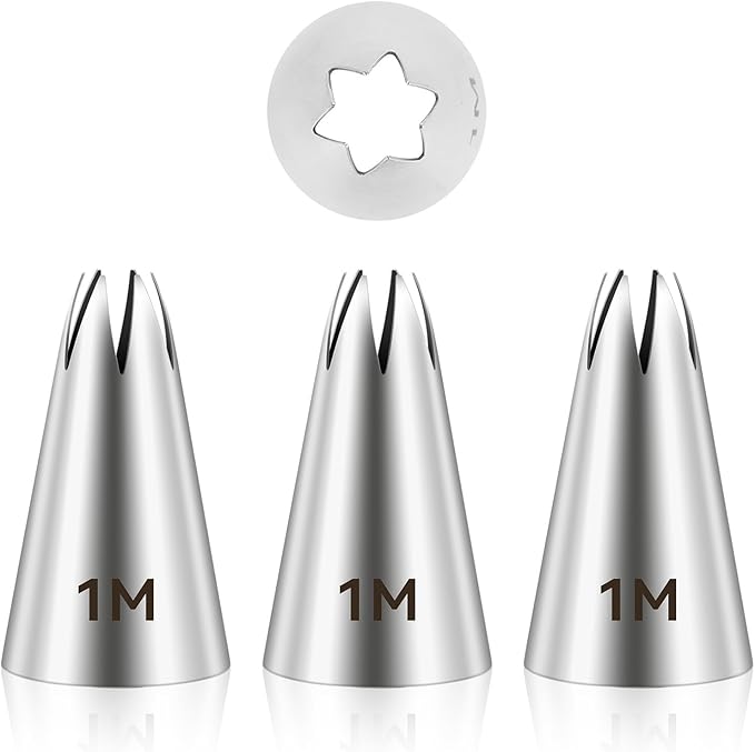 3 Pcs 1M Cake Piping Tips, Stainless Steel Icing Tips Seamless Frosting Piping Kit 1M Star Tip Nozzles for Buttercream Pipings Cake Cupcake Cookie Dessert DIY Art