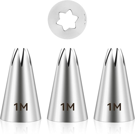 3 Pcs 1M Cake Piping Tips, Stainless Steel Icing Tips Seamless Frosting Piping Kit 1M Star Tip Nozzles for Buttercream Pipings Cake Cupcake Cookie Dessert DIY Art