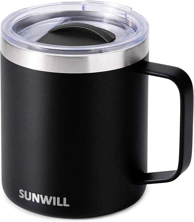 SUNWILL Travel Coffee Mug with Lid, Insulated Tumbler with Handle, 14oz Stainless Steel Cup for Camping, Outdoor, Powder Coated Black by SUNWILL