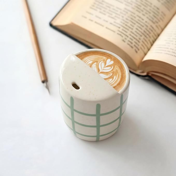 Ceramic Coffee Mug with Sip Hole 10 oz Novelty Checkered Coffee Cup Retro Hand Painted Ceramic Tea Travel Mug Cappuccino Latte Cup for Kitchen Dining Travel, Microwave & Dishwasher Safe - Image 5