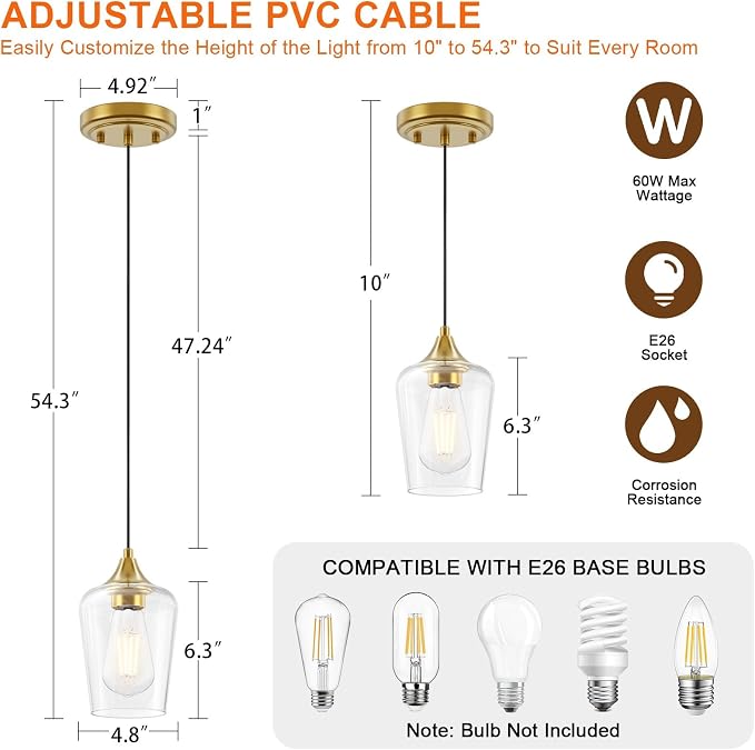 Ralbay Farmhouse Brushed Gold Pendant Light 3-Pack, Pendant Light Fixtures with Wine Clear Glass Shade, Kitchen Island Lighting for Dining Room, Rustic Adjustable Hanging Lighting Fixture - Image 2