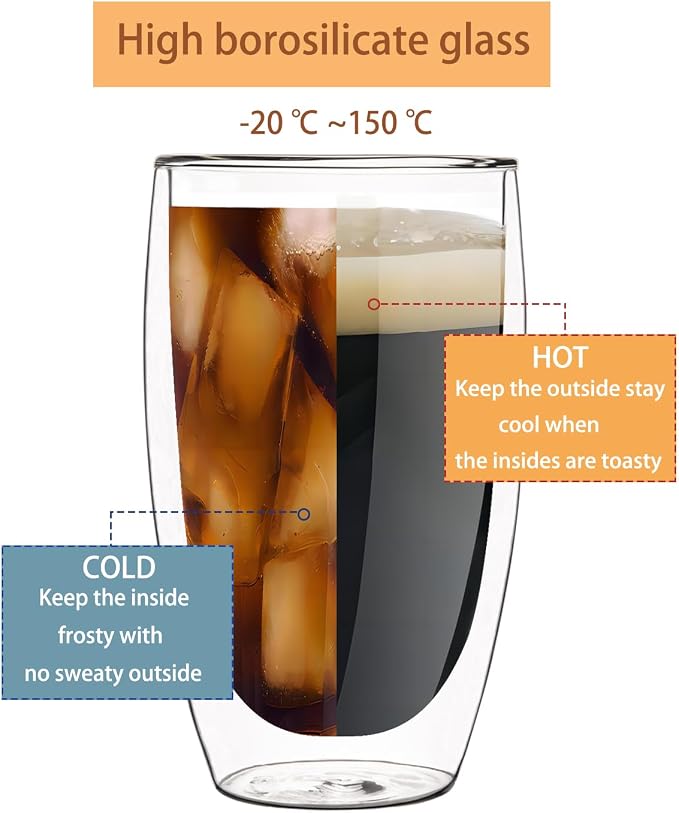 Set of 2 Double Wall Glass Coffee Mugs (15oz) - Insulated Clear Borosilicate Glass Cups for Latte, Cappuccino, Tea, and Espresso - Heat Resistant Glassware Gift for Christmas & Birthday - Image 2