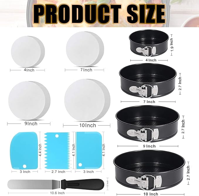 214PCS Round Cake Pan Sets for Baking Cake Decorating Supplies: 4 Non-Stick Springform Pans Set (4, 7,9,10 inches), Icing Tips, Cake Leveler – Leak-Proof Cheesecake Pan - Image 2