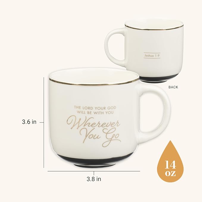 Christian Art Gifts Large Inspirational Ceramic Coffee & Tea Mug for Men & Women: Wherever You Go Encouraging Bible Verse, Novelty Sturdy Non-toxic Elegant Beverage Cup, Gold Rim, White/Black, 14 oz. - Image 2