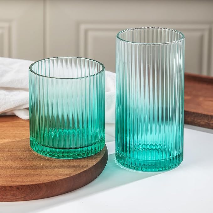 Ribbed Drinking Glasses 8pcs, 12oz and 10oz Glassware, Tumbler Glasses Cup Set for Wedding, Party, Christmas Gift, Green by Lumkit