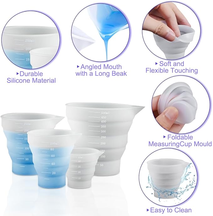 4 Pcs Silicone Resin Measure Cups Graduated Silicone Measuring Collapsible Silicone Measuring Cups,50ml/100/250ml/500ml Silicon Mixing Cups, for Epoxy Molds,Tumbler Making,Paint Making