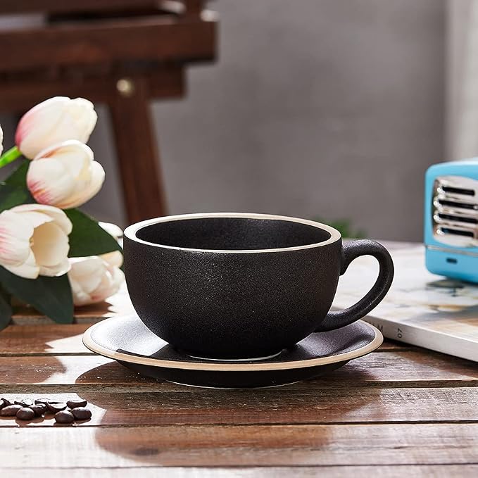 Coffeezone Vintage Design 12 oz Ceramic Latte Art Cappuccino Barista Cup with Saucer (Rough Black) - Image 3