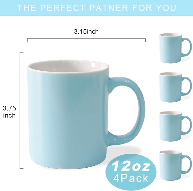 12 oz Cup (4pcs), Plain Gloss Light Blue Ceramic Coffee Mug for Milk Tea, Set of 4 - Image 2