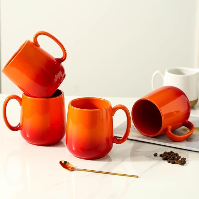 HASENSE Set of 4 Ombre Coffee Mugs, 15oz Large Ceramic Cups – Dishwasher & Microwave Safe, Orange Gradient Cappuccino Latte Tea Handle Cup, Housewarming Gift - Image 6