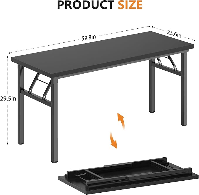 DlandHome 59.8 Inch Large Folding Computer Desk, Fully Assembled, Black | Foldable Writing Table, Portable Activity Conference Table for Home Office, Wood Top Metal Frame, Collapsible Easy Storage - Image 3
