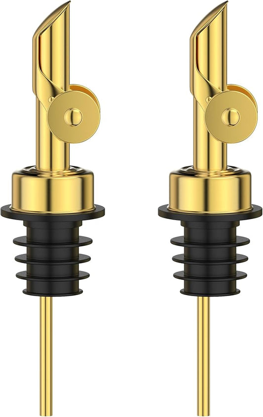 Auto Flip Liquor Pour Spouts 2-Pack, Leak-Proof 304 Stainless Steel Wine Pourer & Olive Oil Dispenser with Food-Grade Silicone for Kitchen, Bar, Restaurant (Gold)