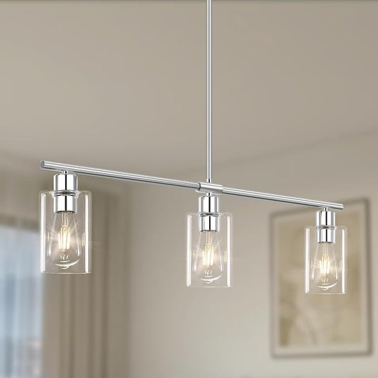 Kitchen Island Lighting, 3 Lights Linear Chandeliers Rectangle Pendant Light Fixtures for Dining Room Farmhouse Hanging Light with Glass Shades(Chrome) by Yarlkav