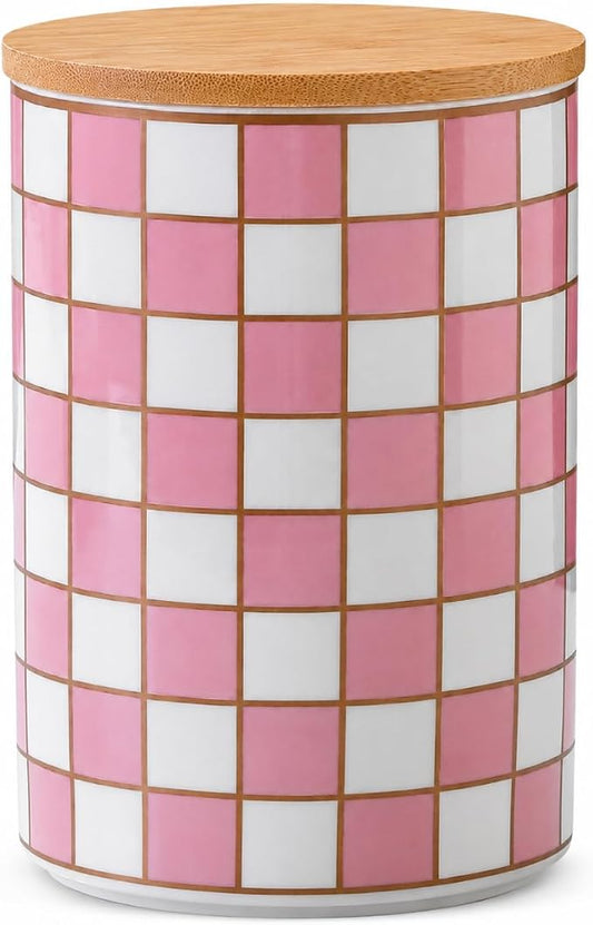 Kitchen Countertop Ceramic Checkered Canisters,Black And White Food Storage Containers With Lid,Airtight Kitchen Canisters for Flour, Sugar, Coffee, Tea, and Dry Goods (Pink, XL) by XYQXYQ