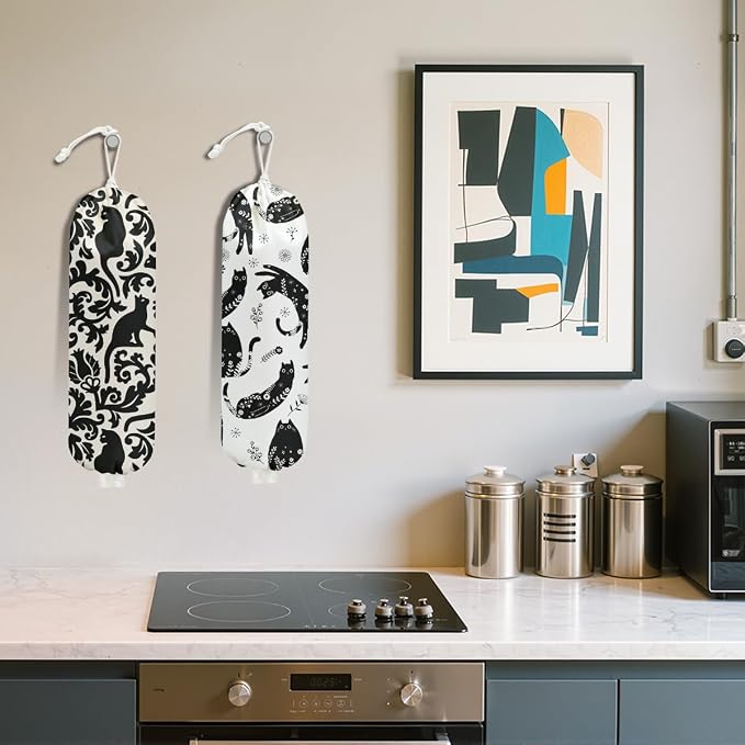 2Pcs Black White Floral Cat Plastic Bag Holder, Wall Mount Grocery Bag | Plastic Bags Storage, Mysterious Cats Reusable Grocery Bags Storage Dispenser for Home Kitchen Decor, Cat Lover Gifts - Image 5