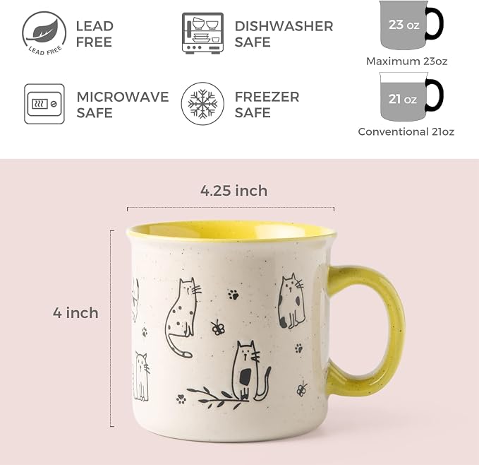 AmorArc 22 OZ Large Ceramic Coffee Mugs Set of 2, Oversized Mugs With Big Handle for Men Women Dad Mom, Big Mug With Textured Dogs Cats Patterns for Office & Home -Microwave Safe, 2 Pcs-Yellow - Image 4