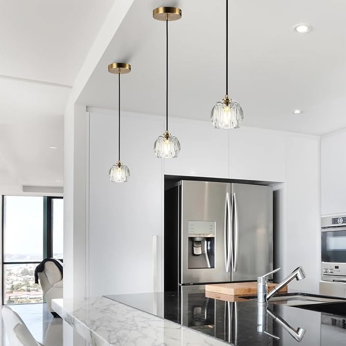 Modern Pendant Light, Brushed Brass Pendant Light Fixture for Kitchen Island, Small Cut Crystal Single Pendant Lighting for Dining Room Bathroom - Image 3
