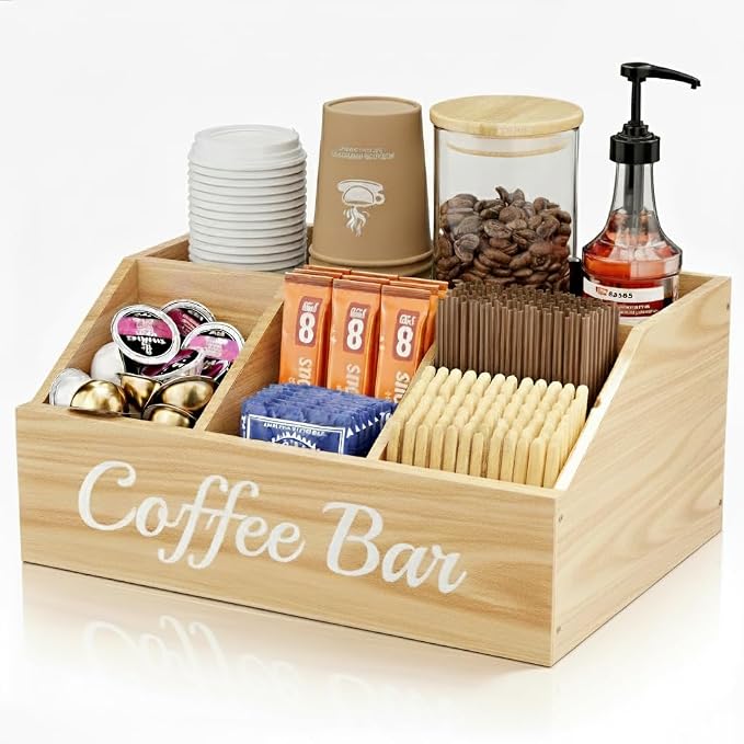 Coffee Station Organizer for Countertop – Wooden Coffee Bar Organizer with Adjustable Dividers,Holds K Cup Pod & syrup bottles, for Kitchen, Office, or Bar and Tea Station, Wood Color by Unknown