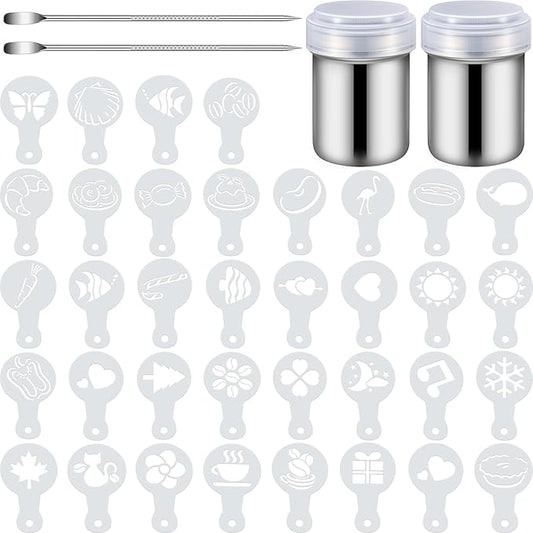 72 Pieces Coffee Decoration Stencils Latte Art Template Coffee Mold Tool with 2 Latte Art Pen 2 Dusting Jars Mesh Powder Shaker for Cake Cookie Decorating Oatmeal Cappuccino Hot Chocolate