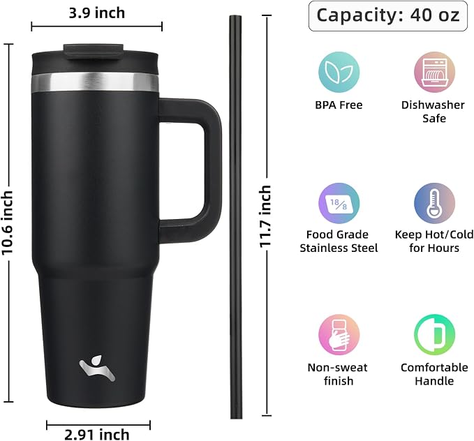 Konokyo 40 oz Insulated Tumbler Water Bottle with Handle, Straw Lid | BPA-free and dishwasher safe; made for gym, travel, coffee and gifting, 2 straws, cup holder friendly,Black - Image 4