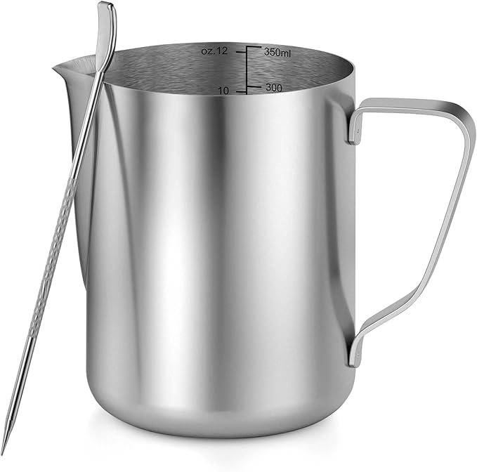 Milk Frothing Pitcher, 12oz Espresso Steaming Pitchers Stainless Steel Cappuccino Coffee Machine Accessories Barista Tools Steamer Froth Pitchers Milk Jug Cup with Decorating Pen Latte Art